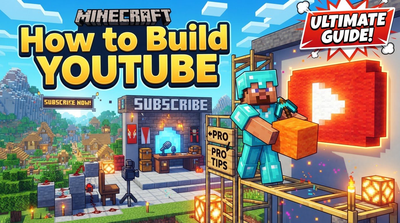 A colossal red and white YouTube play button logo stands tall in a Minecraft world, with a detailed studio building next to it, featuring a green screen and camera setups.