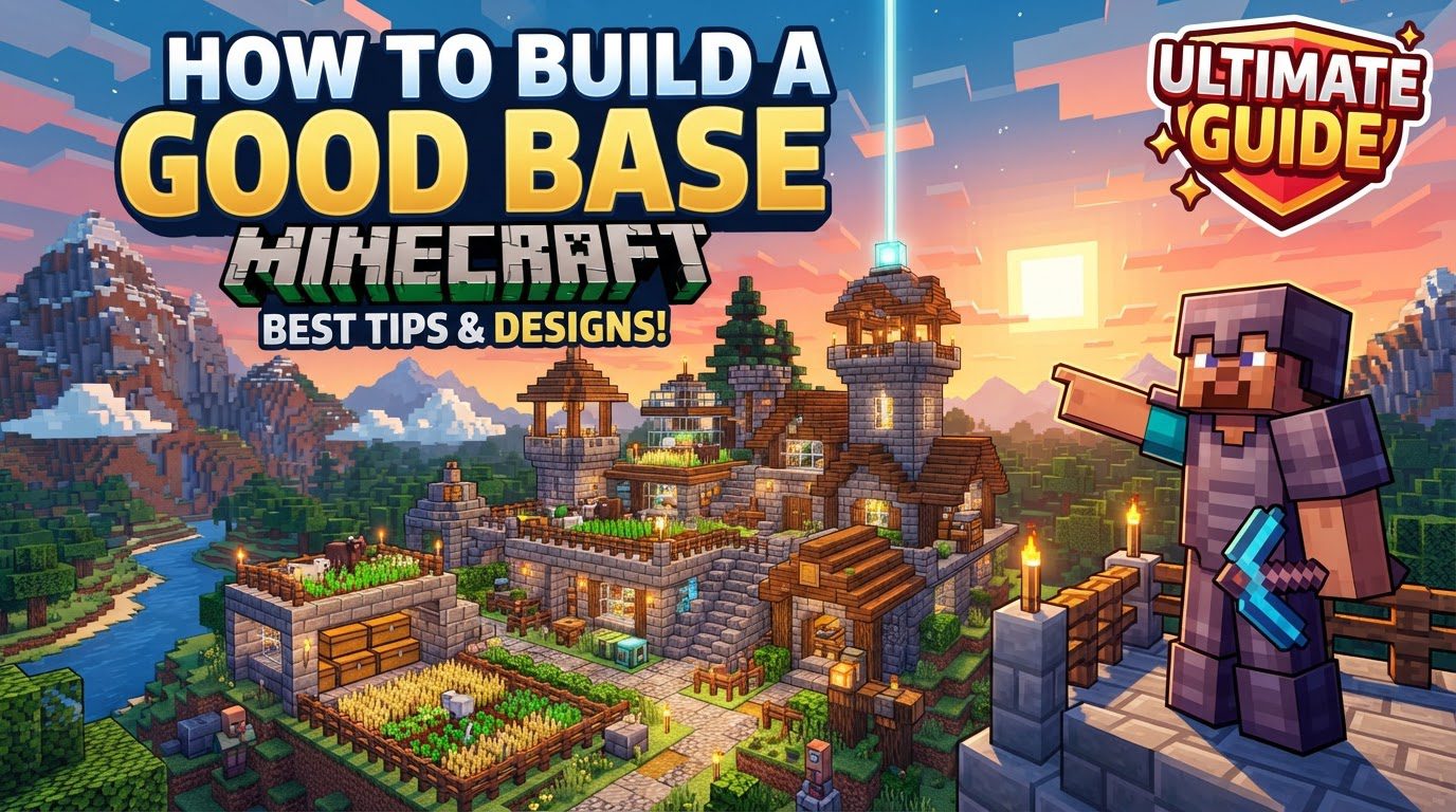 A grand Minecraft base at sunset, featuring a mix of stone and wood architecture, surrounded by well-lit pathways and automated farms, with mountains in the background.