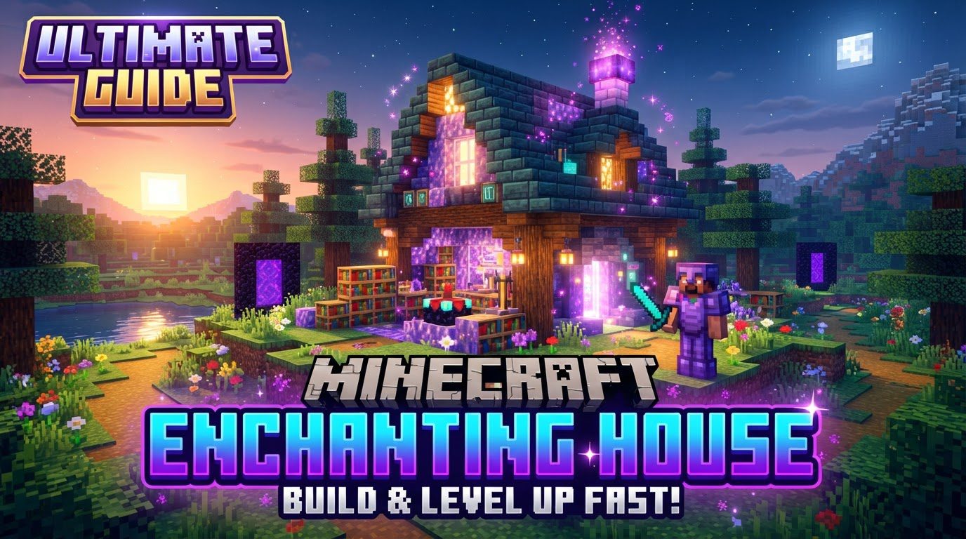 An aerial view of a meticulously arranged Minecraft enchanting room with an enchanting table at its center, surrounded by a ring of 15 bookshelves, glowing with faint magical particles.