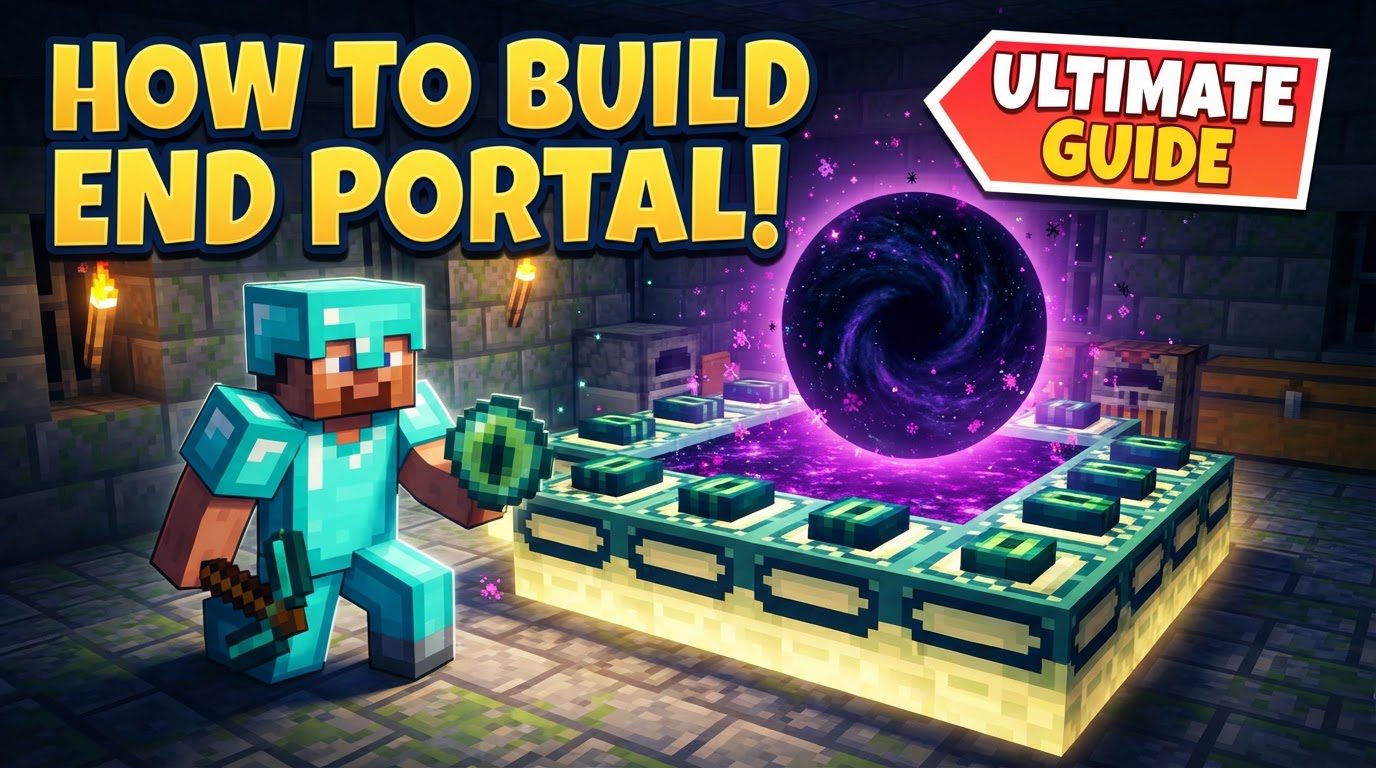 An activated End Portal with a starry, swirling black texture, surrounded by twelve End Portal Frame blocks, some with Eyes of Ender embedded.