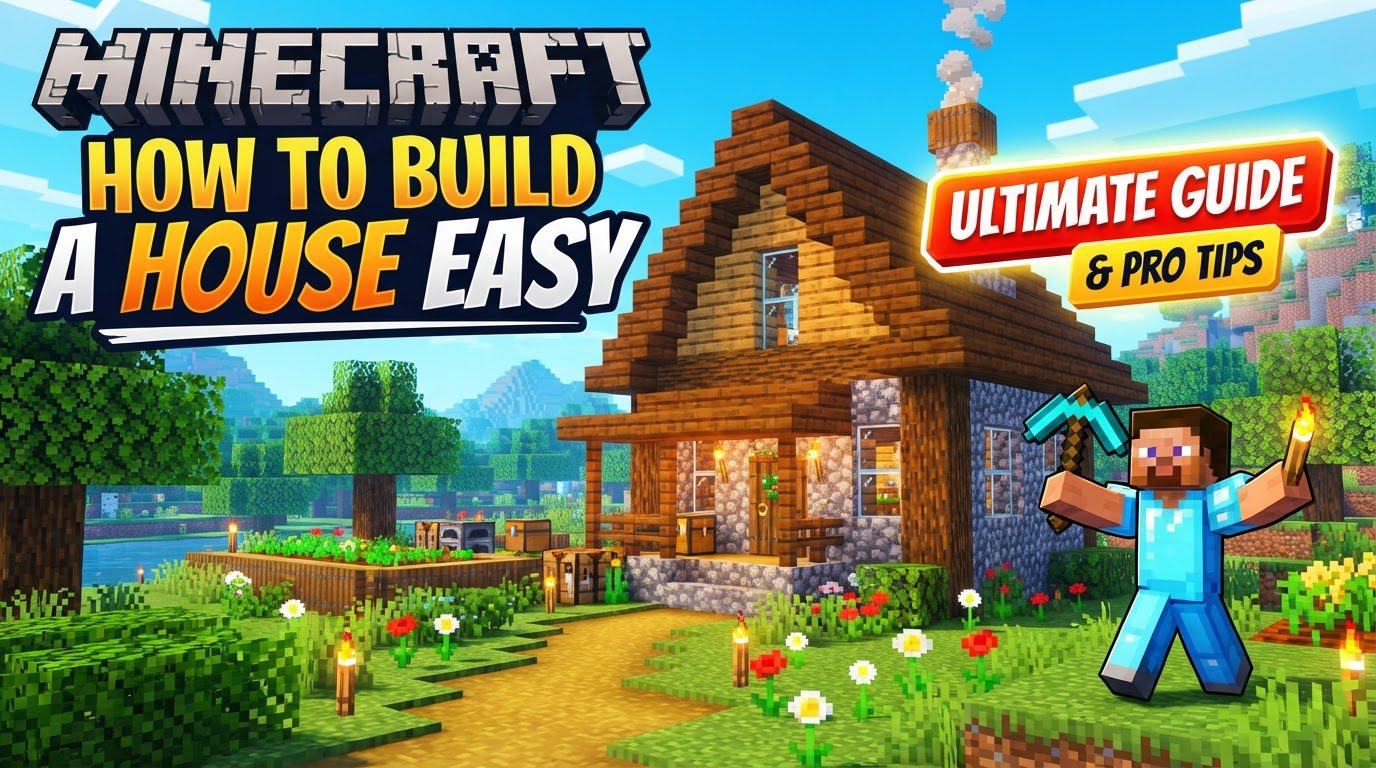 A small, cozy Minecraft house built from wood and cobblestone, with a sloped roof, a single door, and two glass windows, set in a grassy landscape.