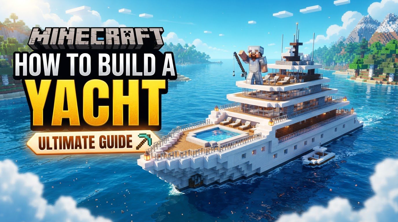 A grand, sleek white yacht with black tinted windows floating majestically on calm blue Minecraft waters under a clear sky.