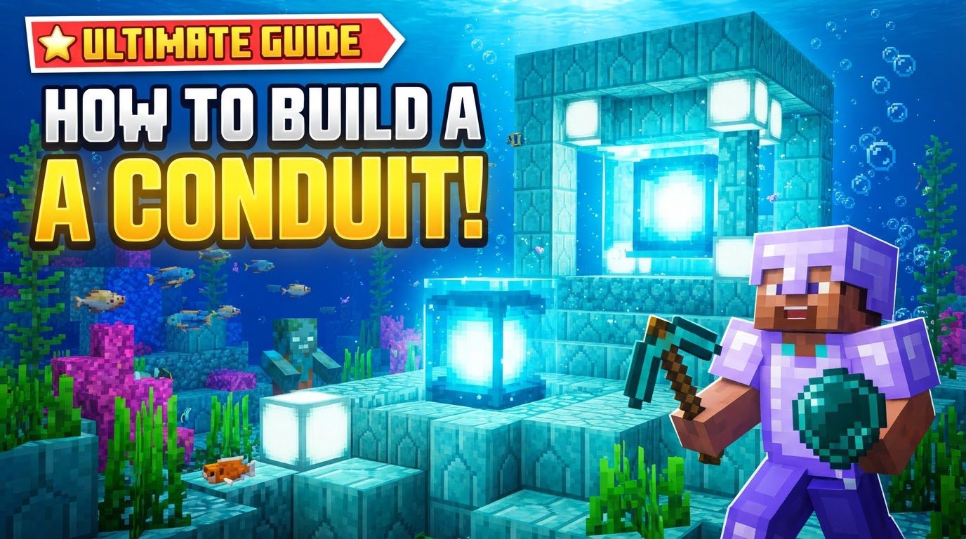 An activated Minecraft Conduit pulsating with light underwater, surrounded by a prismarine frame, with a player swimming nearby enjoying Conduit Power.
