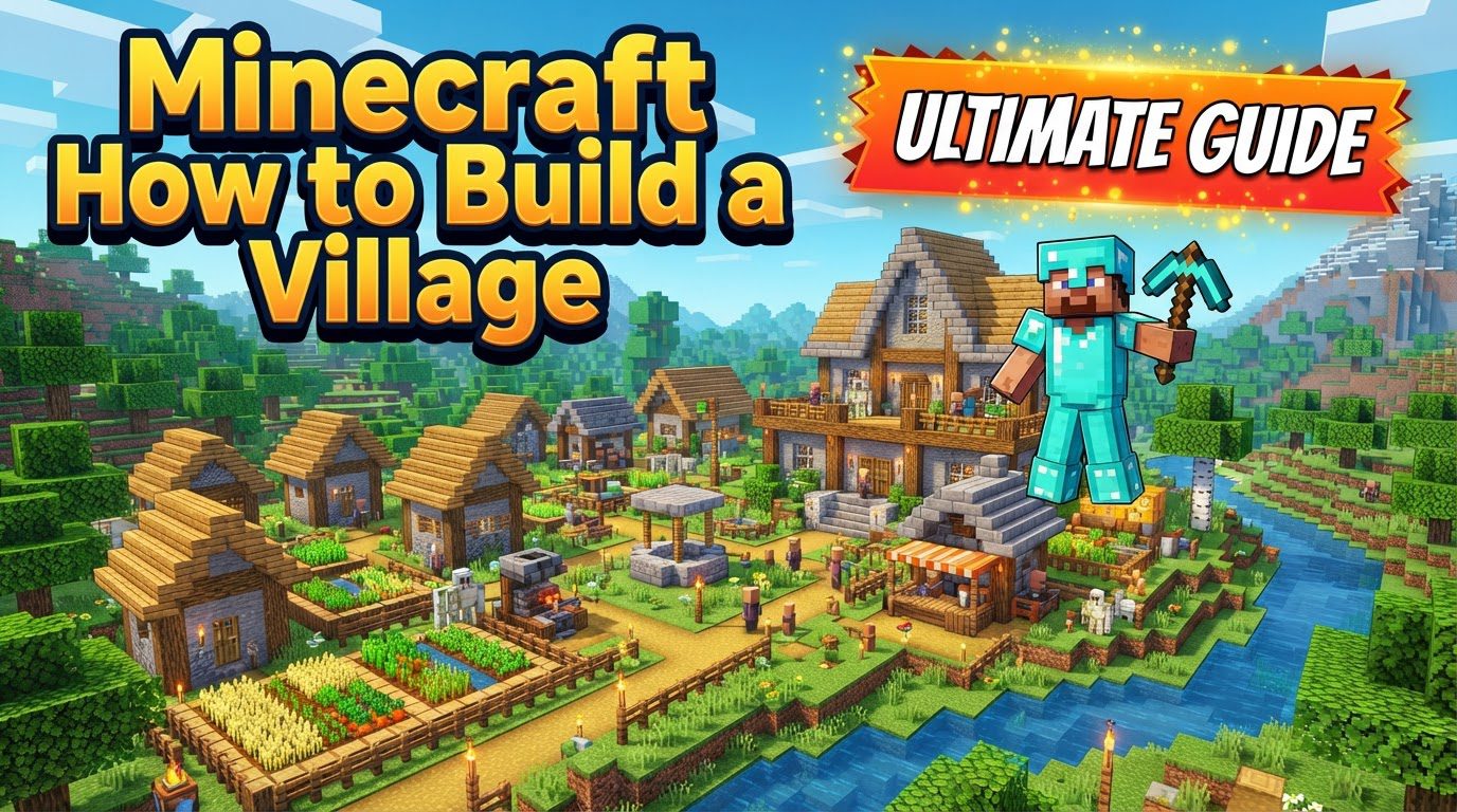 An aerial view of a bustling Minecraft village with diverse houses, connecting paths, a farm, and villagers milling about.