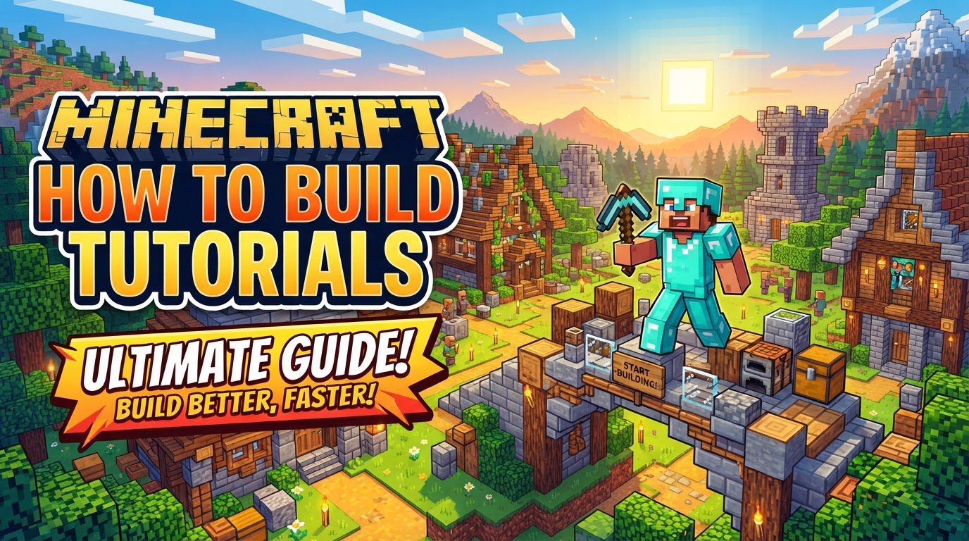 A player builds a detailed house in Minecraft using a glowing schematic overlay from a tutorial, surrounded by various building materials.