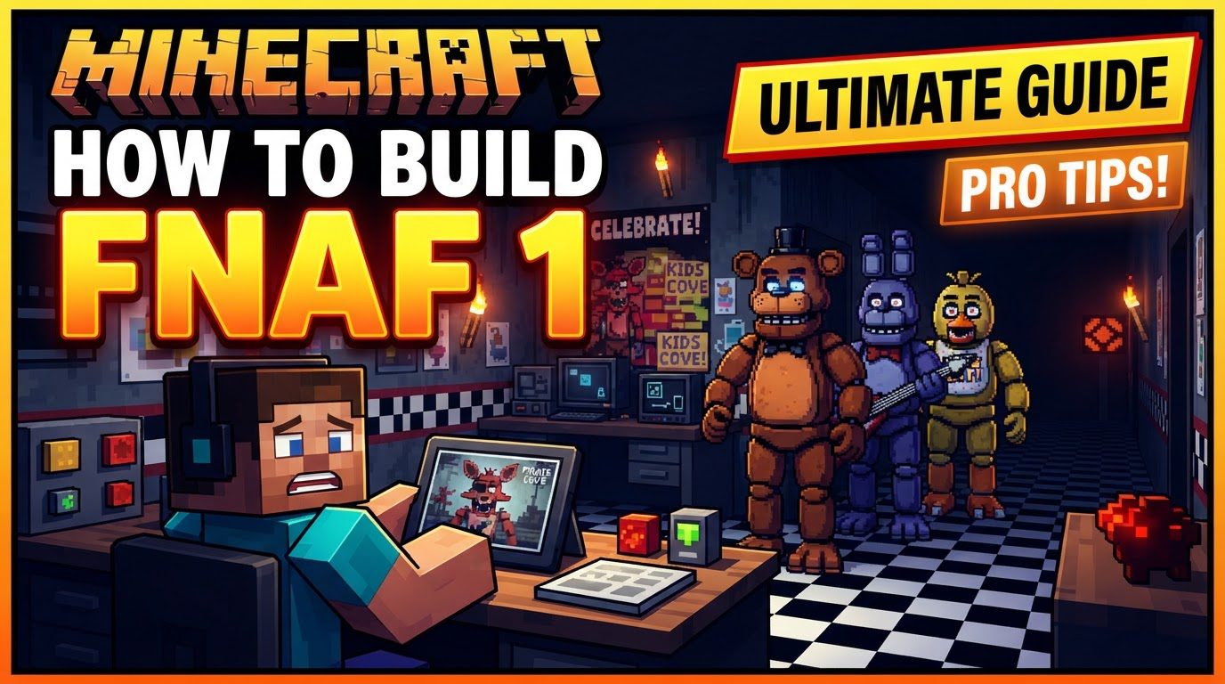 A dimly lit Minecraft recreation of the FNaF 1 office, with open doors revealing dark hallways, and a monitor screen showing a static camera feed.