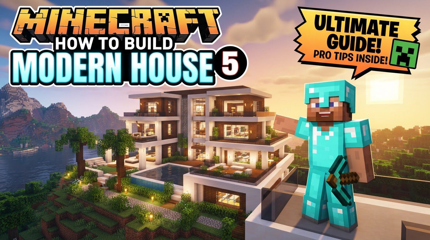 A sleek, L-shaped modern house in Minecraft, built with white concrete and large black stained glass windows, featuring a flat roof and surrounded by a simple landscaped garden with hedges and a small pond.
