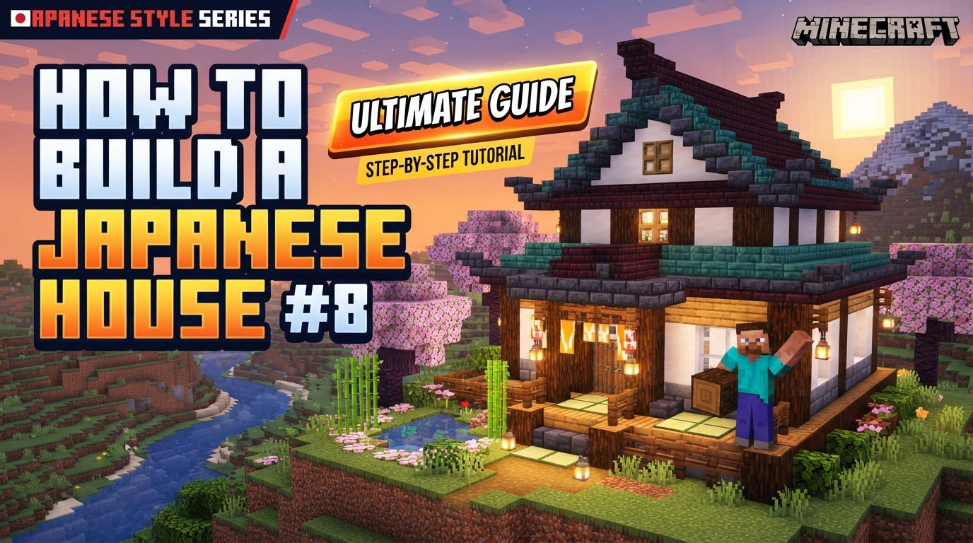 A serene Minecraft Japanese house with a multi-layered dark oak roof, white walls, and a stone foundation, surrounded by a simple garden with bamboo.