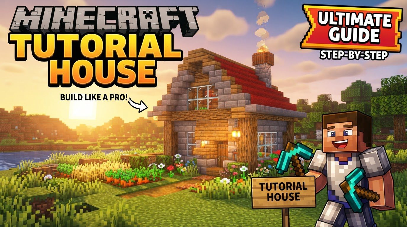 A cozy, well-lit Minecraft starter house at sunset, with a small garden and a single door, surrounded by trees.