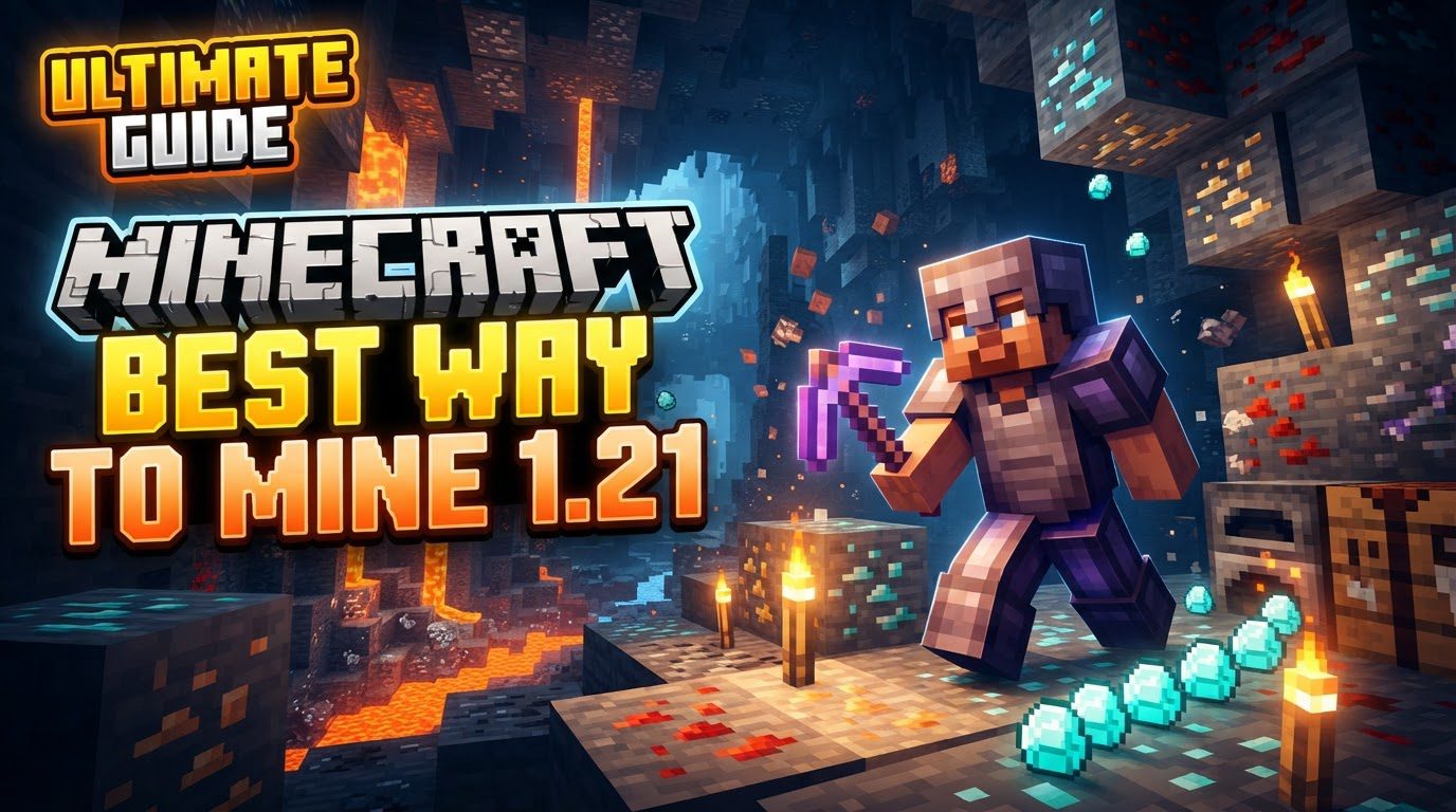 A player in netherite armor, wielding an enchanted pickaxe, standing in a large, illuminated deepslate cave with visible diamond ore veins on the walls.
