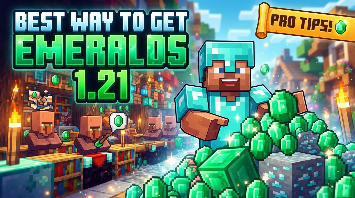 A bustling Minecraft villager trading hall filled with various villager professions, surrounded by chests overflowing with emeralds and trade goods.