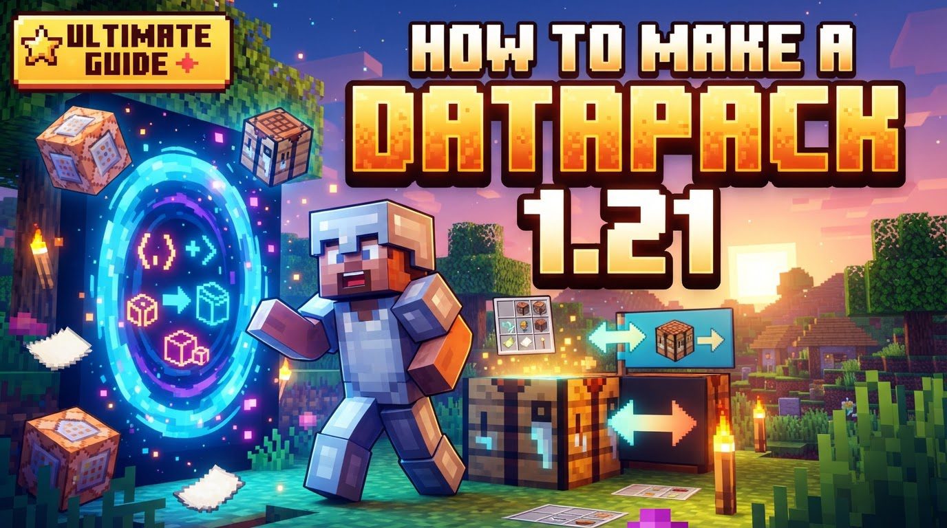 A player character standing in a lush Minecraft world, looking at a golden welcome message in the chat, with an open file explorer window showing the datapack file structure on the side.