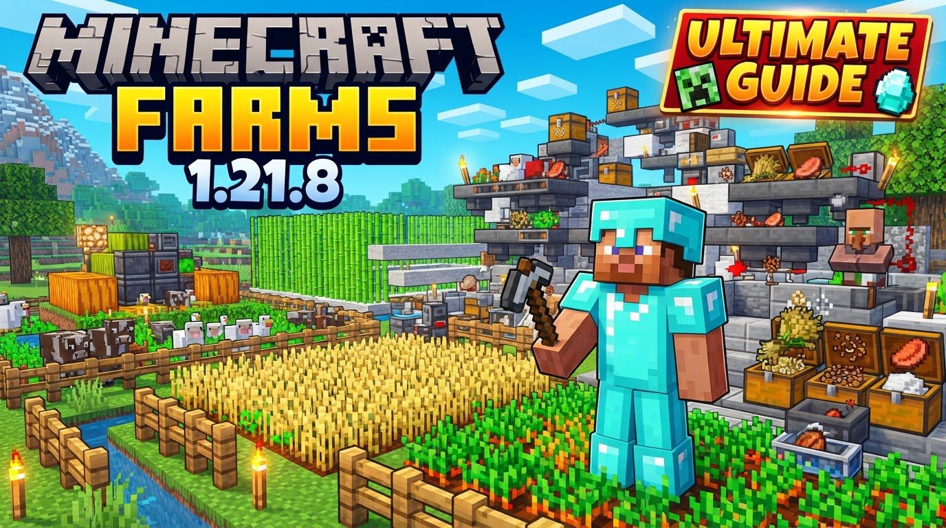 A diverse Minecraft farm with alternating crops, a water channel covered by slabs, a beehive surrounded by flowers, and glowing light blocks illuminating the area at night.