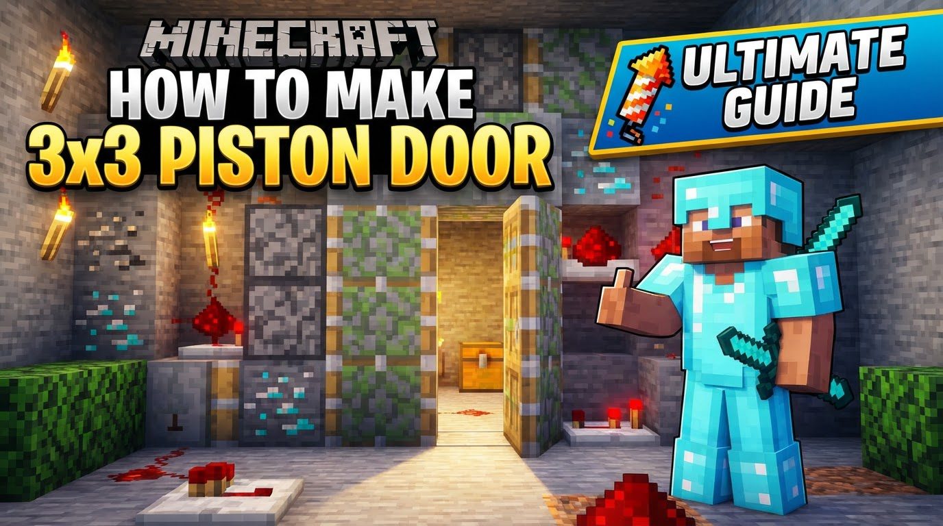 A complex redstone circuit laid out around a 3x3 wall opening, with sticky pistons visible and redstone dust connecting various repeaters and torches.