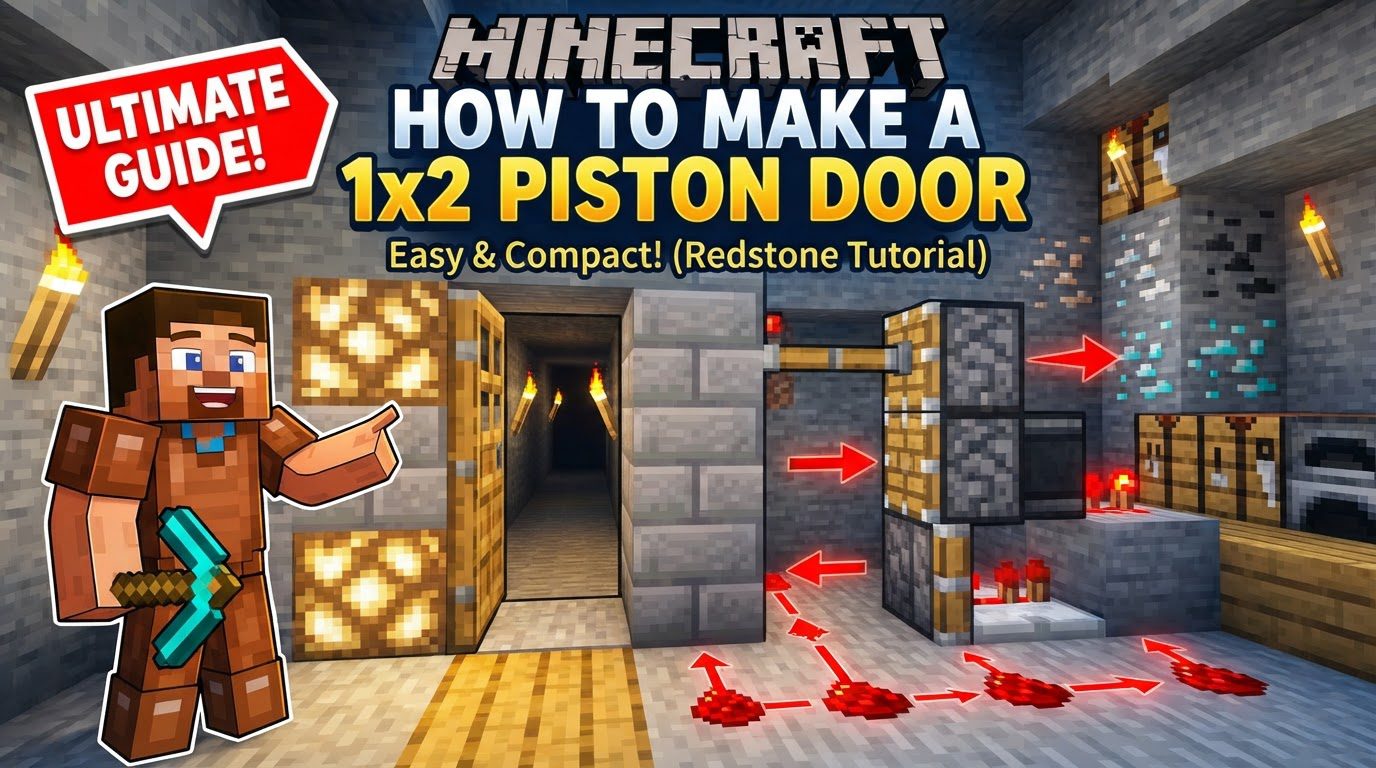 A functional 1x2 piston door made of stone blocks, with visible Redstone dust and sticky pistons behind the wall, powered by a lever.