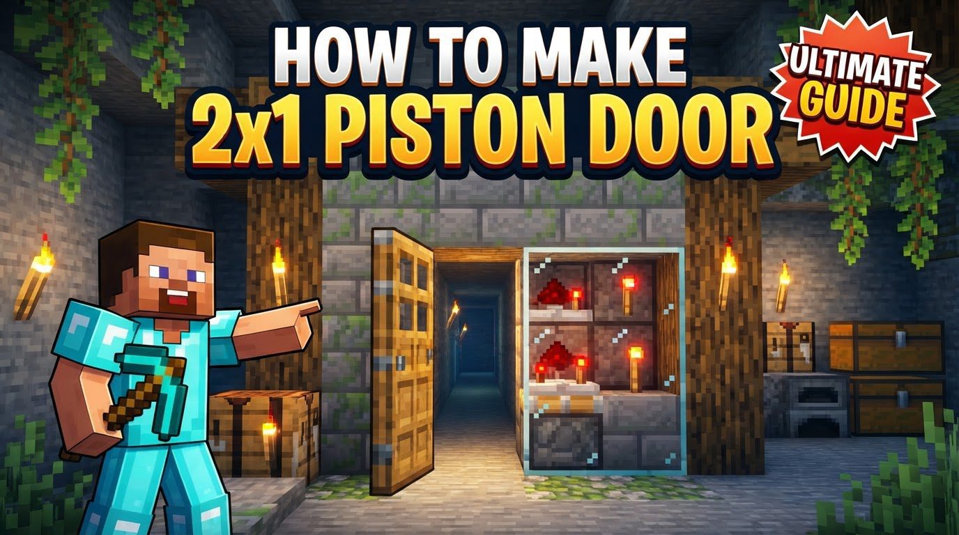 A closed 2x1 piston door made of stone blocks, seamlessly integrated into a stone wall, with a subtle Redstone dust trail leading away from it on the ground.