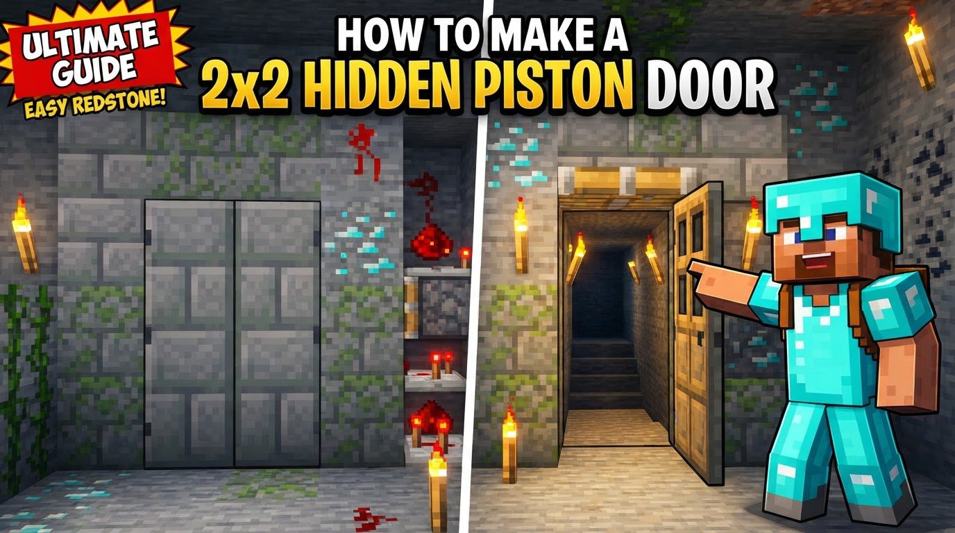 A perfectly flush 2x2 hidden piston door in a stone wall, seamlessly blending with its surroundings in a Minecraft world.