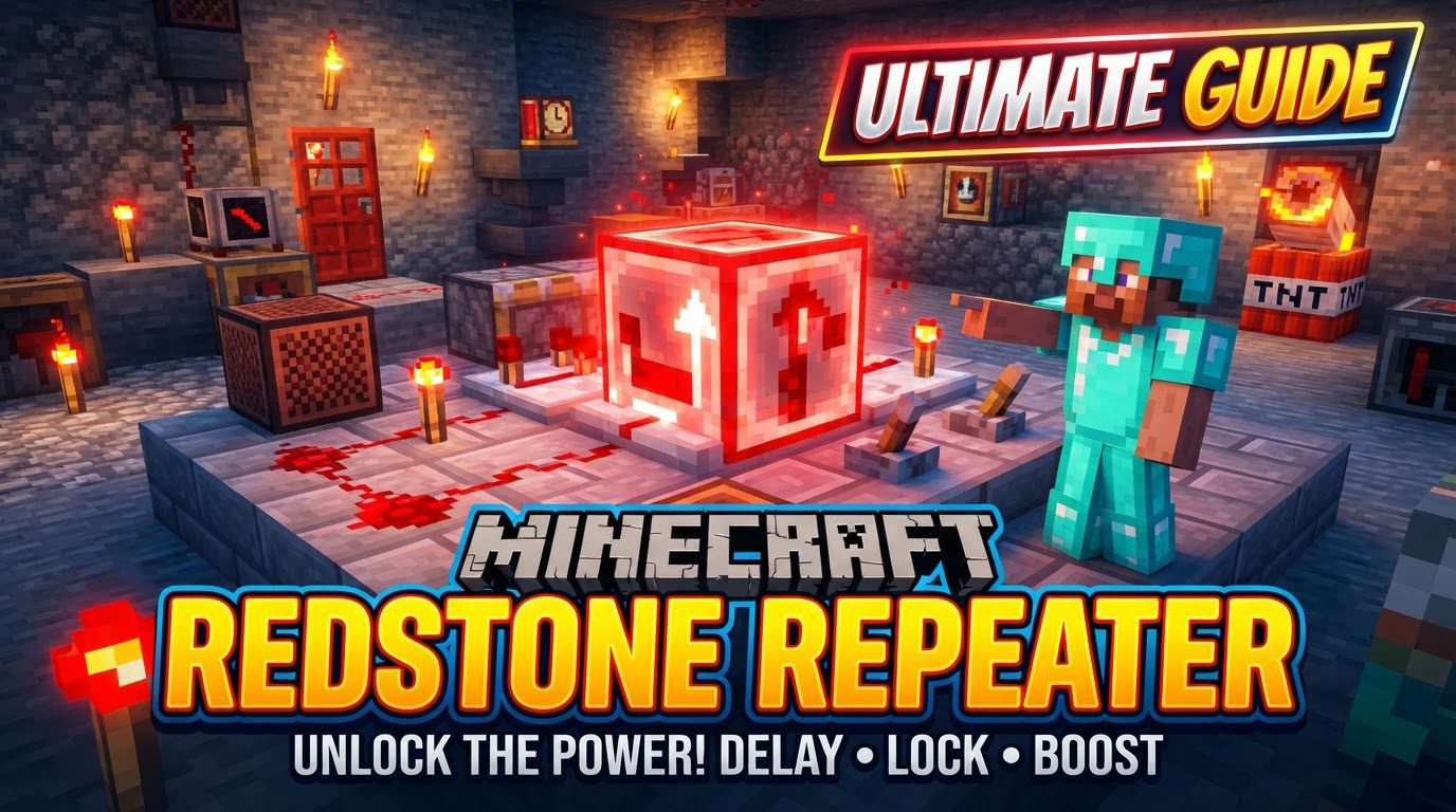 A close-up view of several redstone repeaters in a row, some showing different delay settings with their torches positioned at various points.