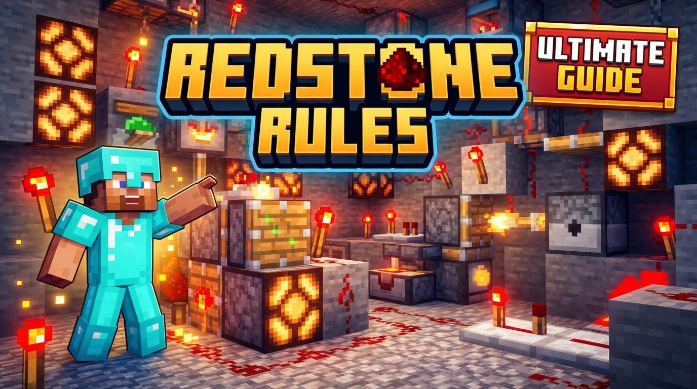 A complex redstone circuit with redstone dust, repeaters, pistons, and lamps on a checkerboard pattern of blocks.