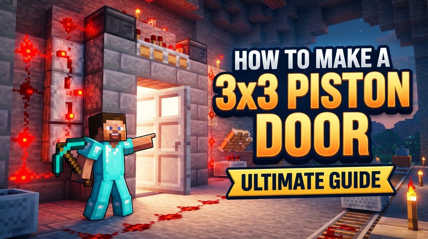 A complex 3x3 piston door made of stone blocks, half-open, revealing intricate Redstone wiring and sticky pistons behind the wall in a Minecraft world.