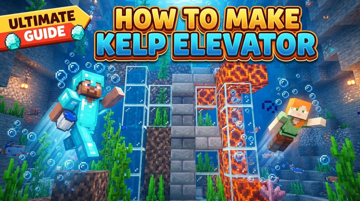 A player ascending a transparent glass water elevator, propelled by white bubbles from a Soul Sand block at the bottom.