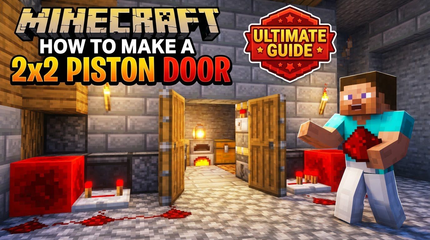 A 2x2 piston door in a Minecraft cave, with redstone wiring visible beneath the floor.