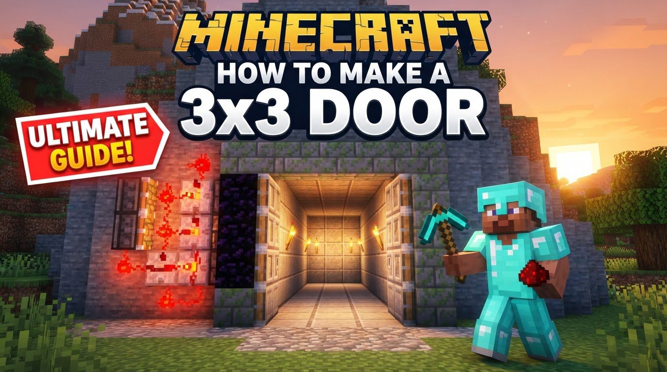 A complex 3x3 piston door mechanism in Minecraft, with redstone dust, repeaters, and sticky pistons visible around a 3x3 opening in a stone wall.