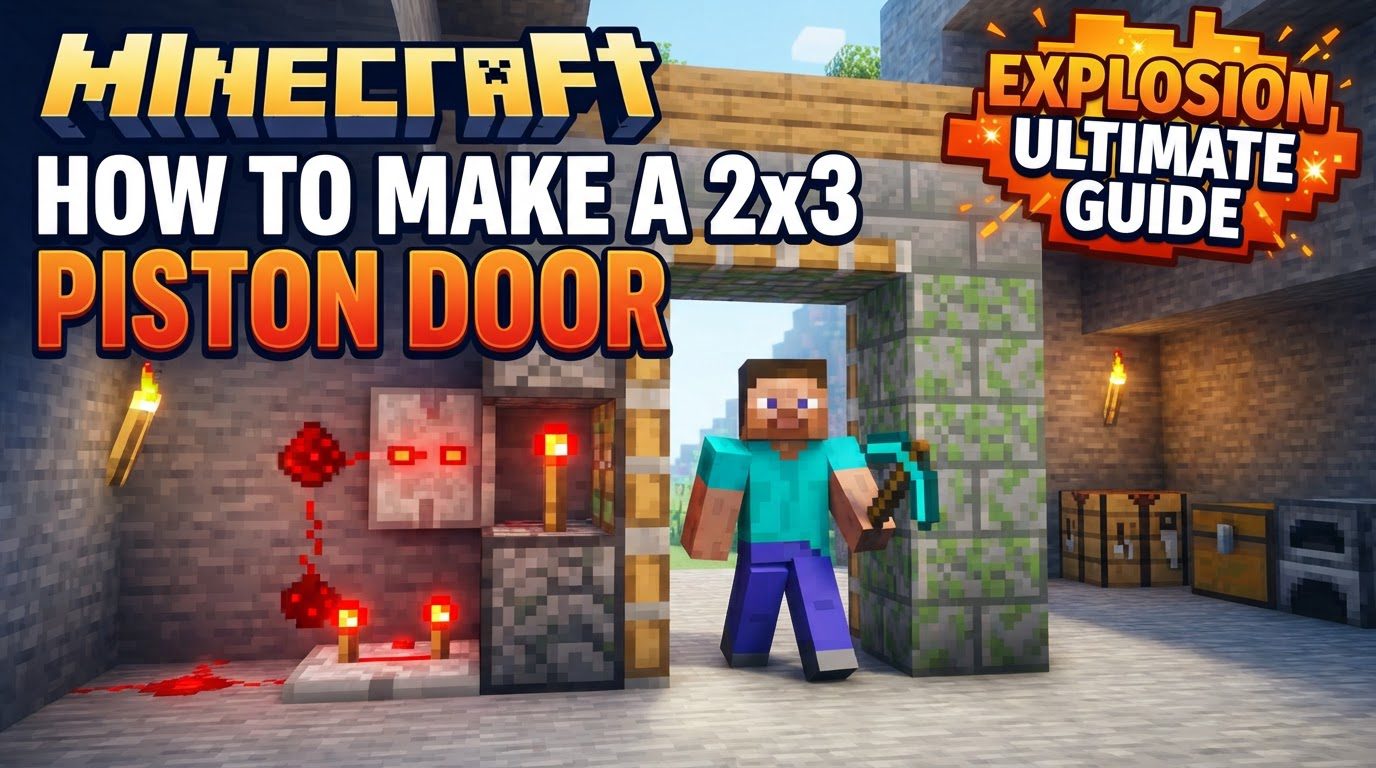 A 2x3 open piston door in Minecraft, with redstone wiring visible beneath the ground and sticky pistons on either side.