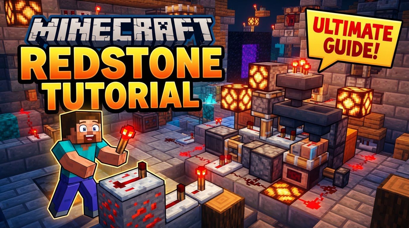 A complex Redstone circuit with dust, repeaters, pistons, and lamps on a flat grassy plain.