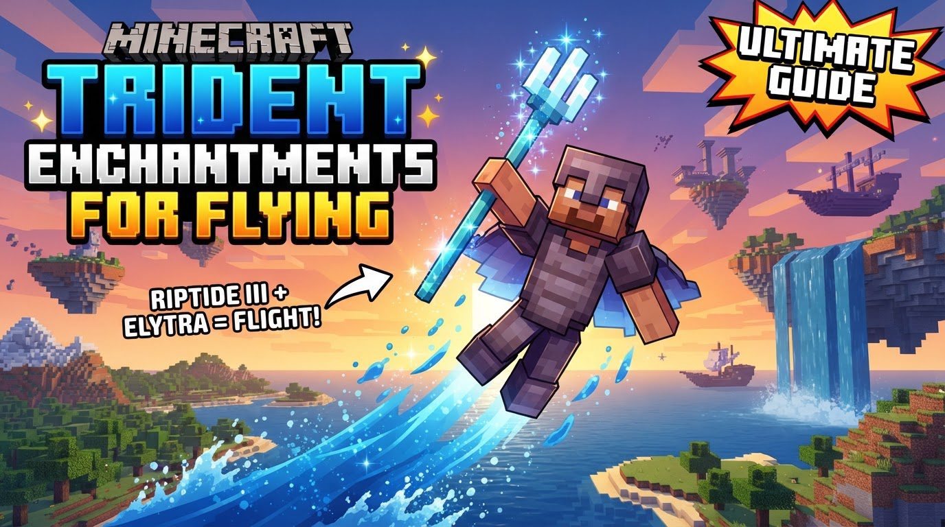 A player wearing an Elytra glides through a rainstorm, propelled forward by a Riptide-enchanted trident.