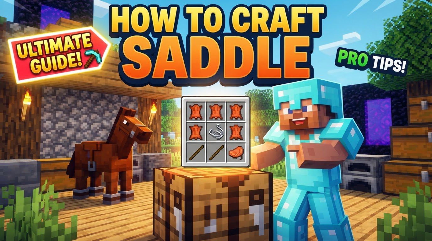 A player on a saddled horse, looking at a crafting table with the saddle recipe laid out.