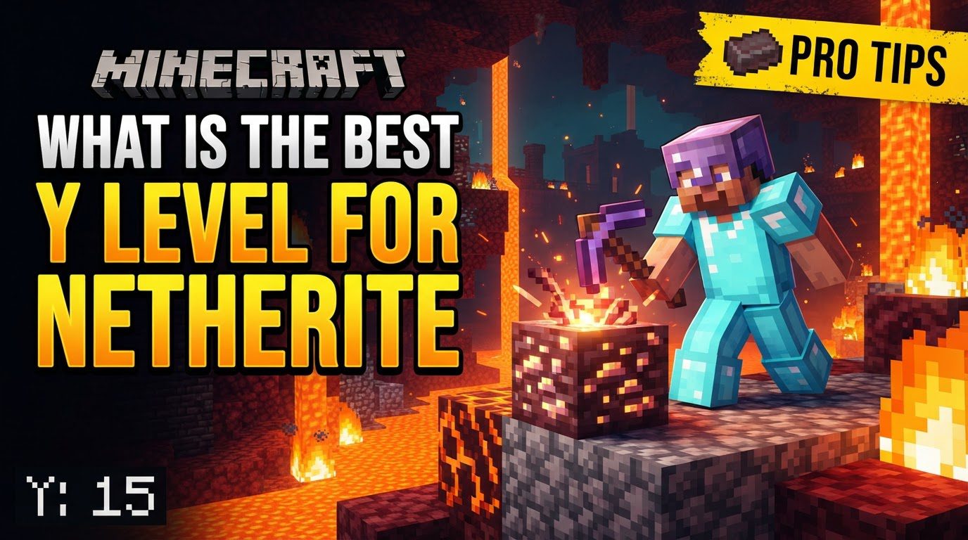 A player in Netherite armor strip mining at Y-level 15 in the Nether, surrounded by Netherrack and a vein of Ancient Debris.
