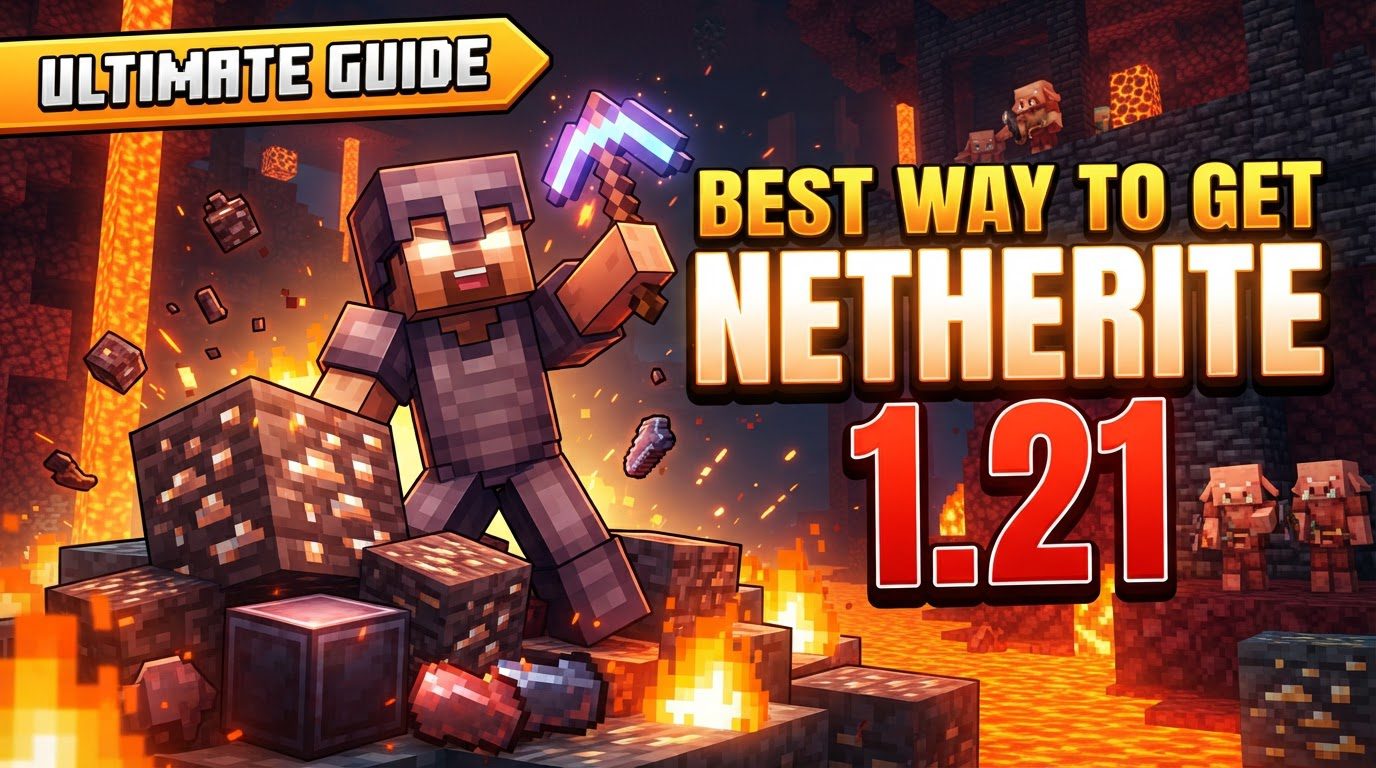 A Minecraft player in Netherite armor stands in a cleared Nether cavern, holding a pickaxe, with lava flowing in the distance.