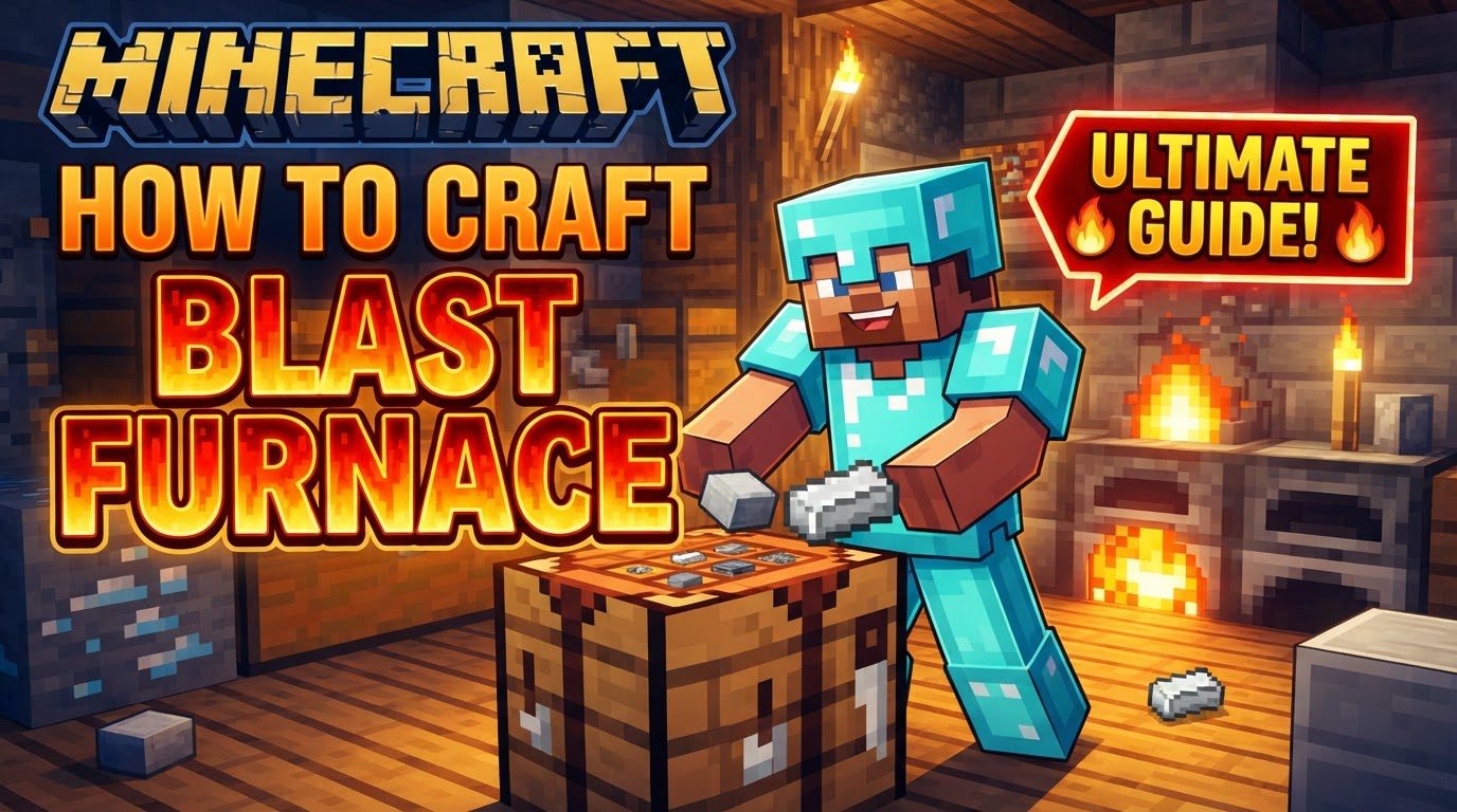 A player standing next to a glowing Blast Furnace, with a crafting table and various crafting materials like cobblestone, iron ingots, and smooth stone in the foreground.
