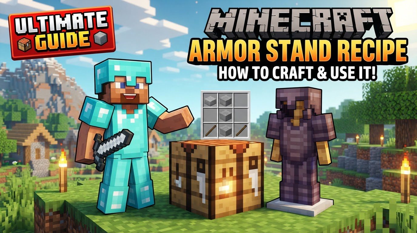 A crafting table displaying the recipe for an armor stand, with sticks and a smooth stone slab arranged in the correct pattern.