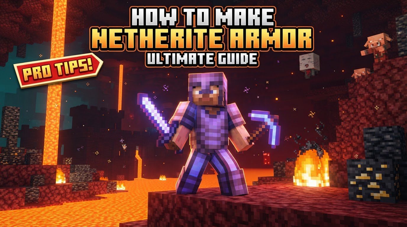 A player in full Netherite armor stands defiantly in the Nether, holding a Netherite sword, with a Bastion Remnant in the background.
