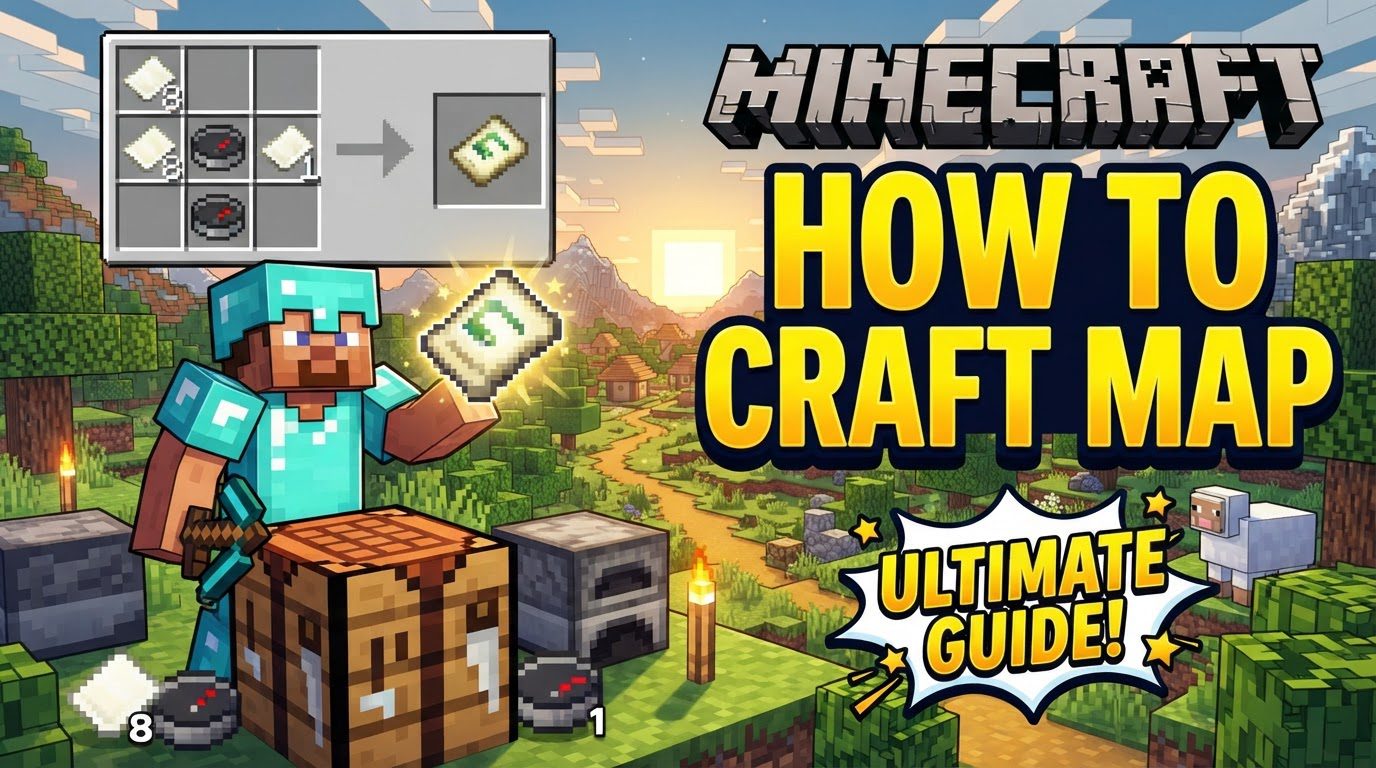 A player holding a map in a Minecraft world, with a Cartography Table visible in the background.