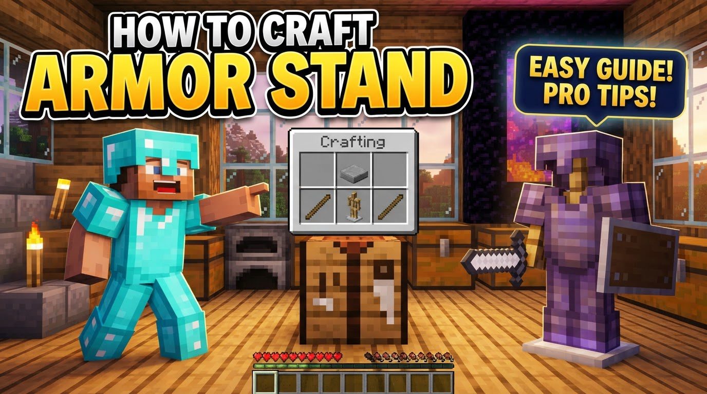 A Minecraft player stands in front of a crafting table, with an Armor Stand on the right side of the crafting result slot. The crafting grid shows the precise arrangement of six sticks and one smooth stone slab.