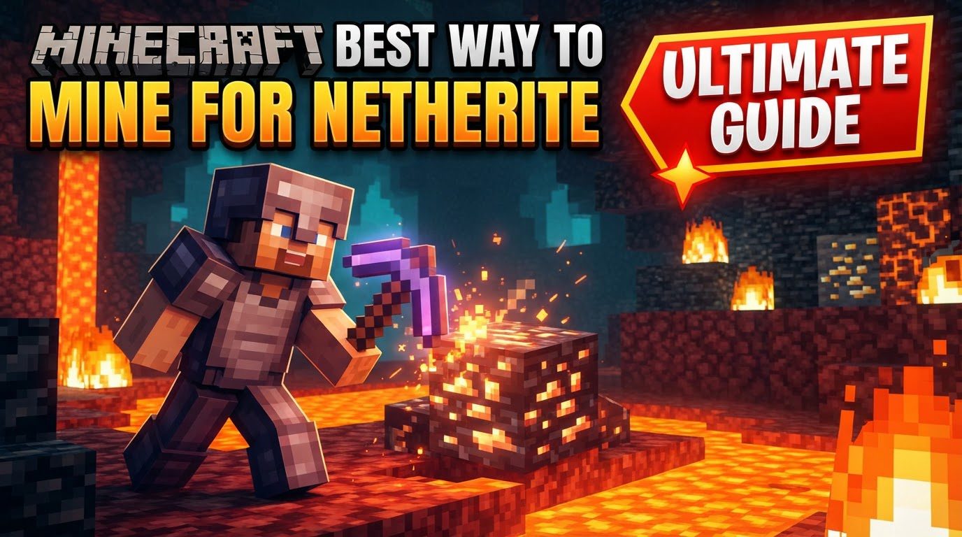 A player in Netherite armor standing in a vast, excavated cavern in the Nether, surrounded by exposed Ancient Debris and glowing lava.
