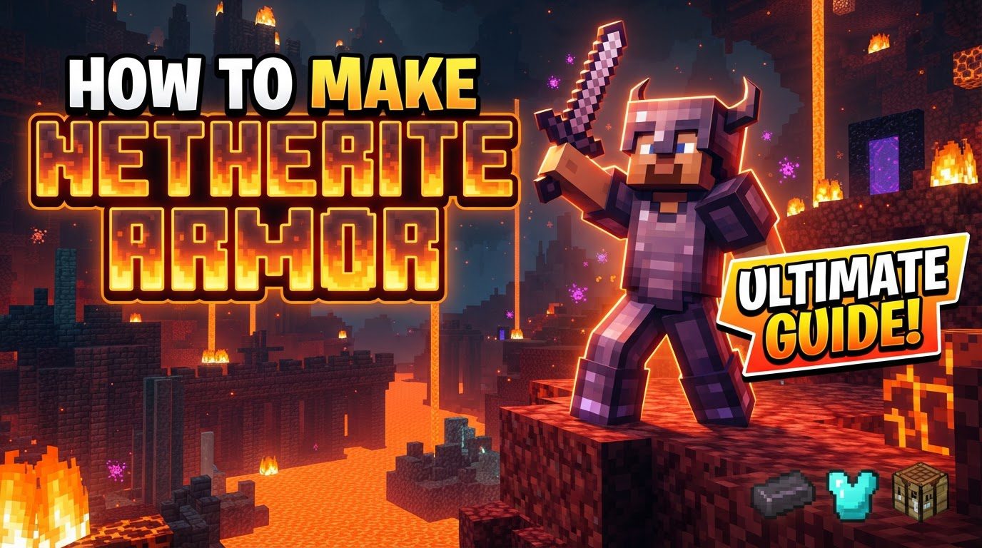 A player wearing full Netherite armor stands triumphantly in a Nether Bastion Remnant, holding a Netherite sword.