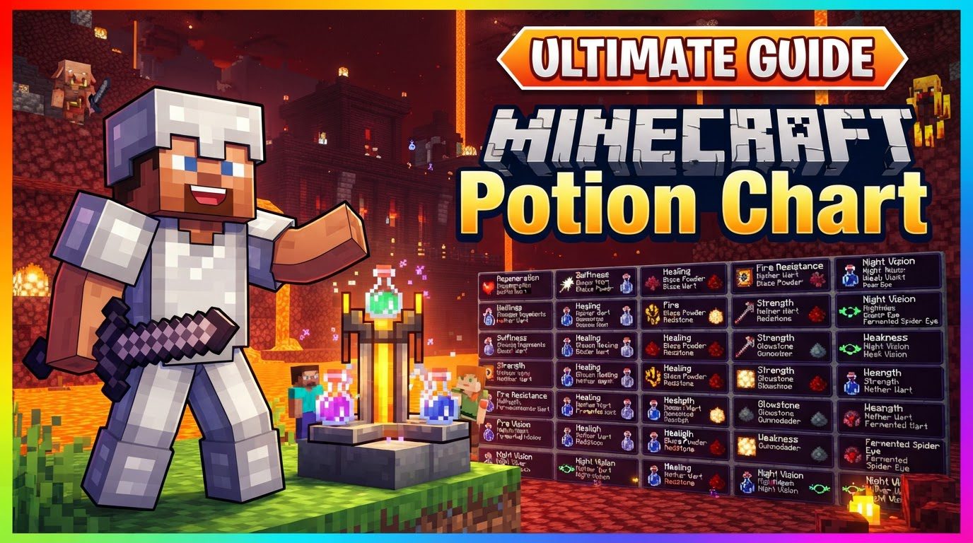 A player stands in front of a Brewing Stand, surrounded by chests filled with various potion ingredients, with a Nether Wart farm visible in the background.