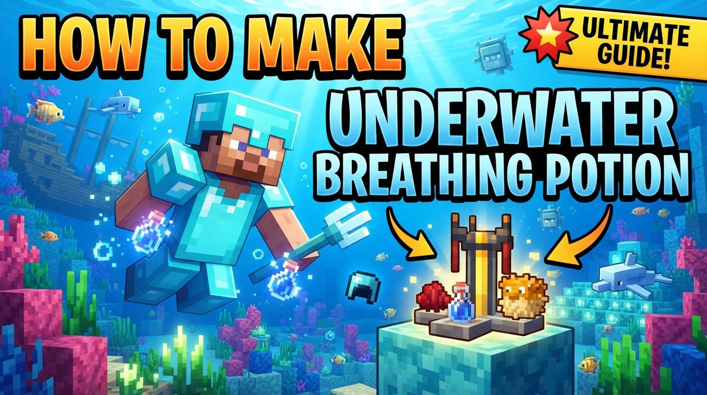 A player wearing a netherite helmet, holding a Potion of Water Breathing, stands in a vibrant underwater kelp forest near an ocean monument, with a shipwreck visible in the distance.