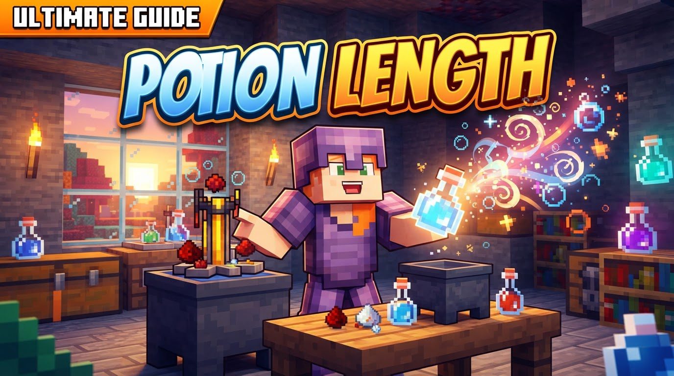 A brewing stand with three bottles of extended potions bubbling, with Redstone Dust in the ingredient slot.