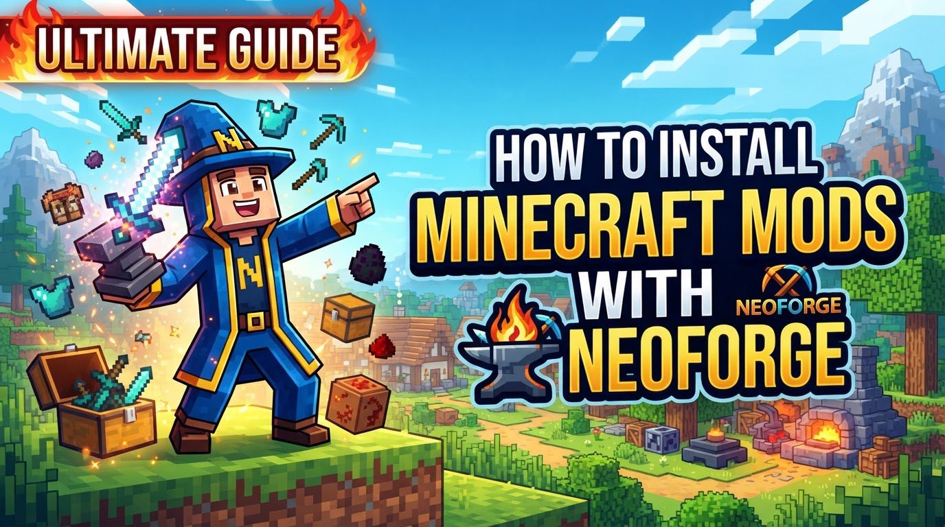 A vibrant Minecraft world with a player standing in a lush forest, surrounded by fantastical custom structures and creatures, hinting at the possibilities of modding.