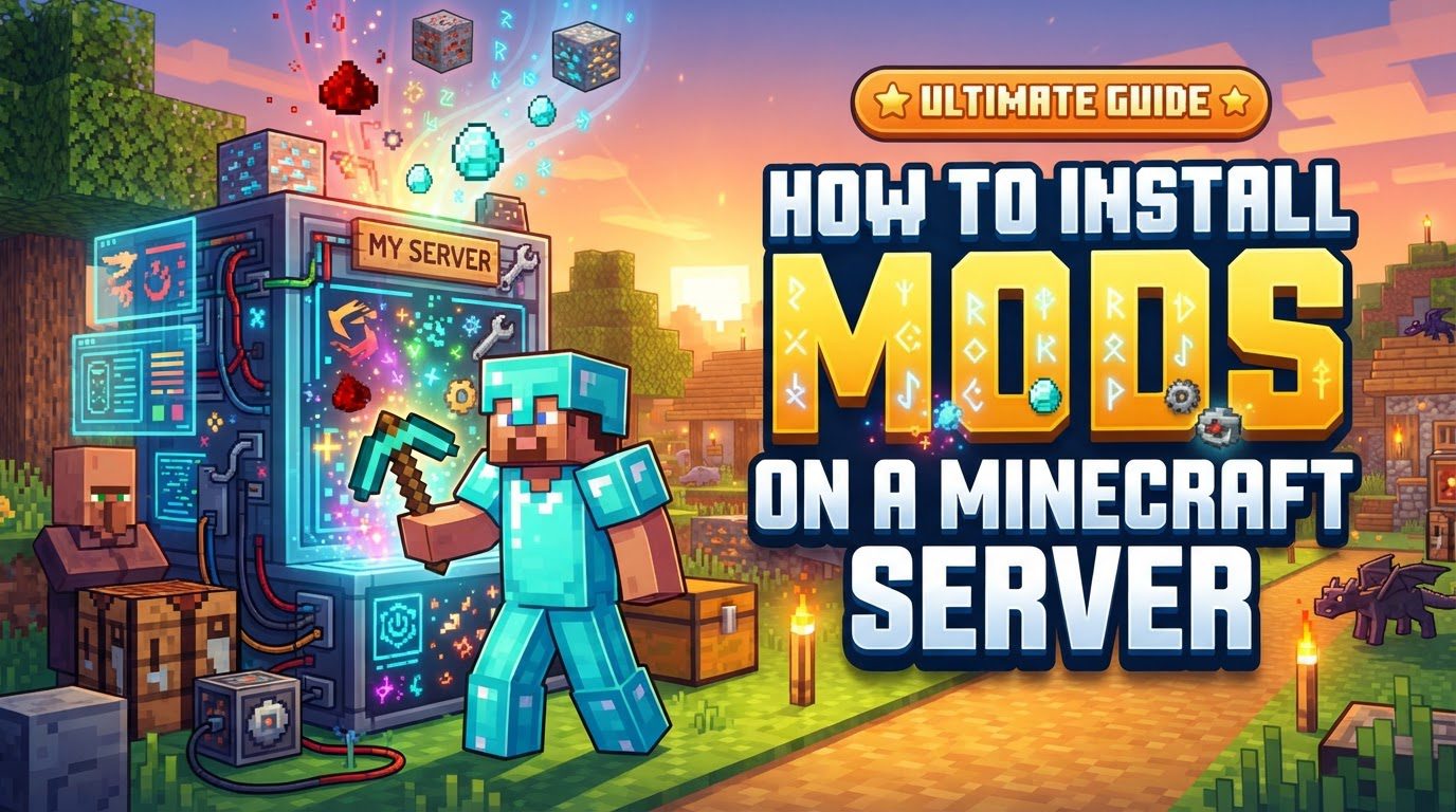 A Minecraft server console displaying mod loading messages, with a background of a player exploring a fantastical modded world.