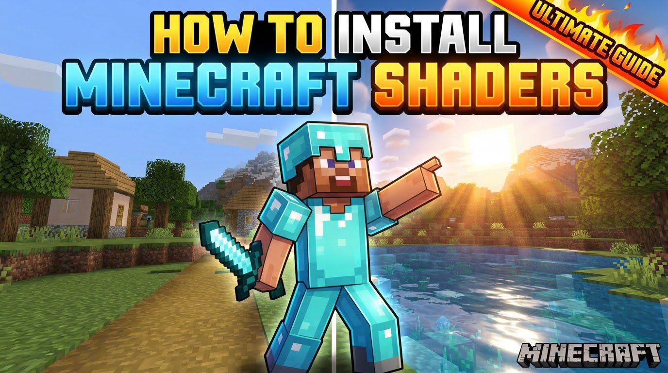 A Minecraft world with vibrant, realistic lighting, deep shadows under trees, and clear, reflective water.