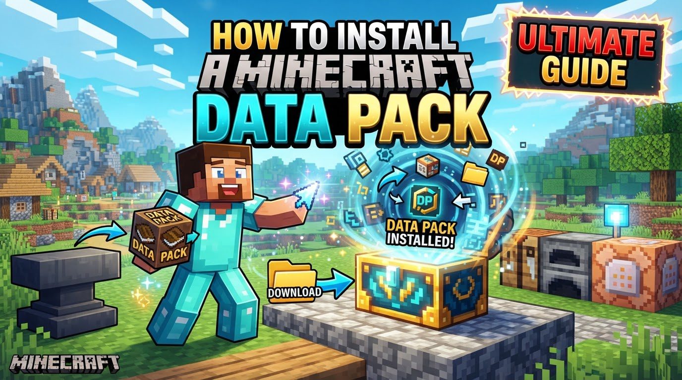 A player character standing in a Minecraft world, looking at an open inventory screen with a data pack zip file icon visible in a folder path.