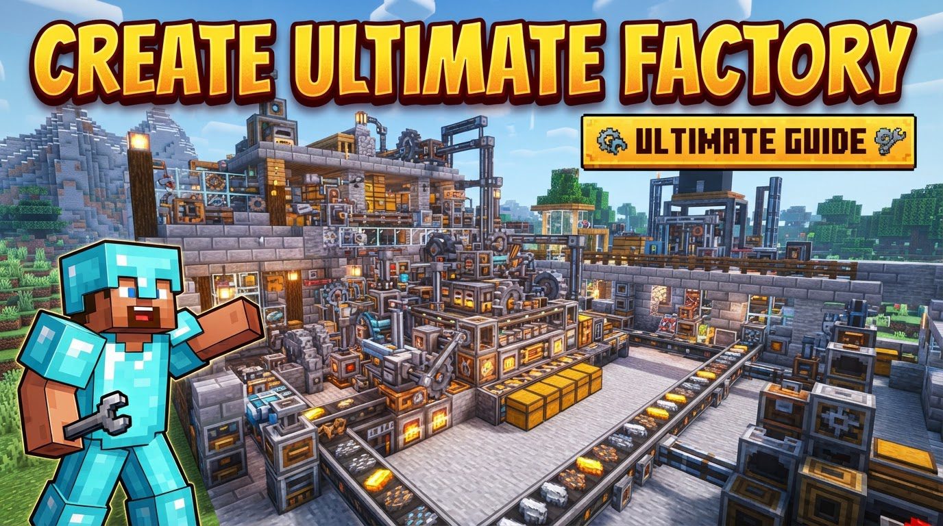 A complex, multi-layered Minecraft factory built with Create mod components, featuring gears, belts, and pipes moving various resources, with some unique blocks like deepslate and tuff visible.
