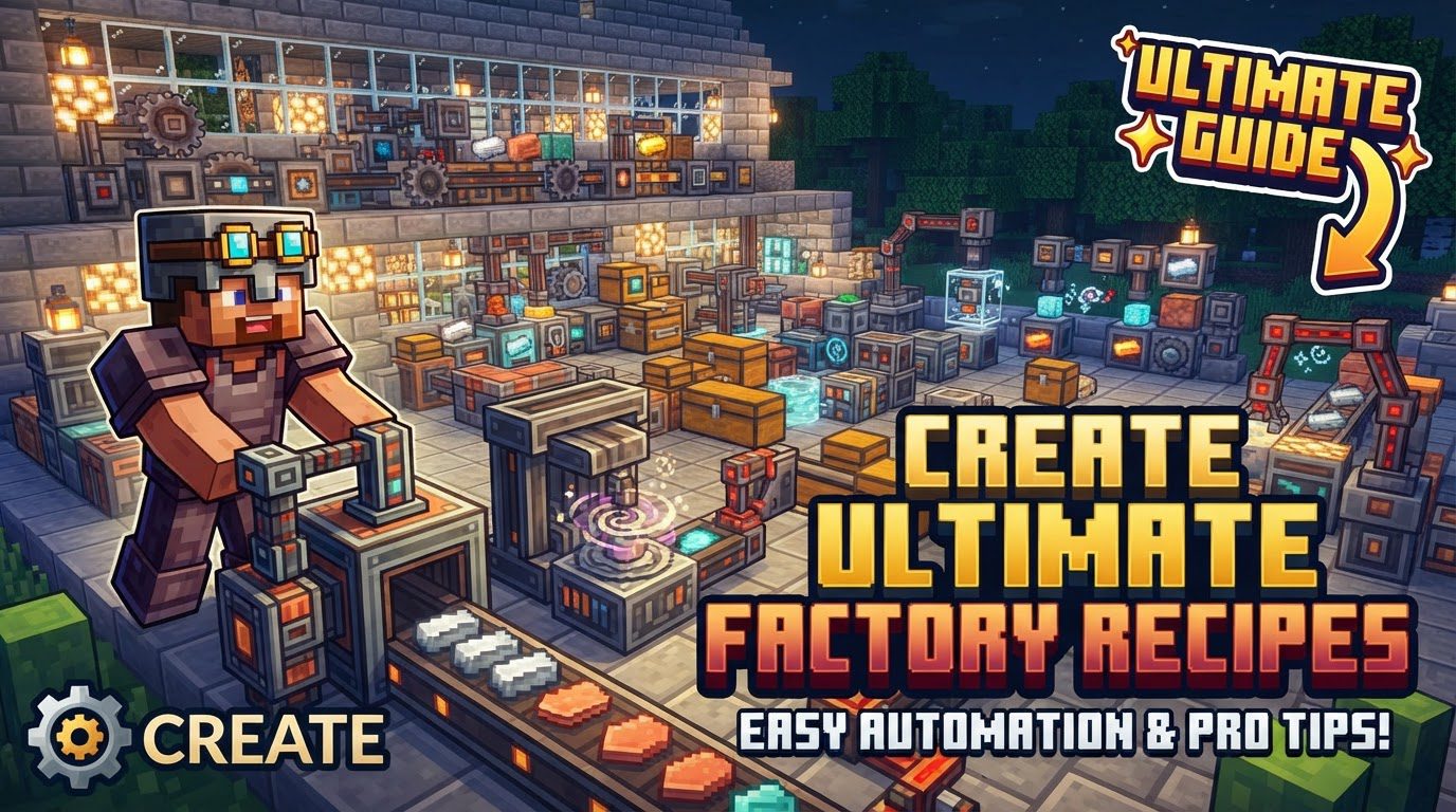 A sprawling, complex Minecraft factory with numerous Create machines like encased fans, mechanical arms, and conveyor belts, processing various raw materials into finished goods.