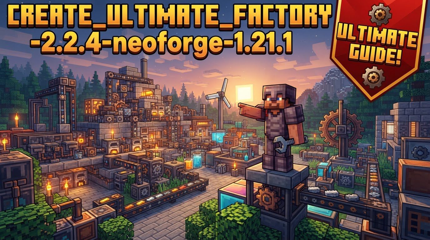 A sprawling Minecraft factory with complex Create mod machinery, gears turning, belts moving items, and pipes flowing liquids, all working in harmony to produce various resources.